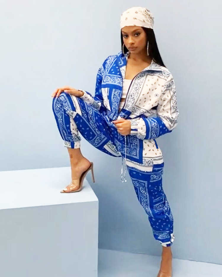 Paisley Bandana Print Two 2 Piece Set Women Fitness Sweatsuit Zipper Up Sweatshirt + Jogger Pants Set Tracksuit Vintage Outfits Y0625