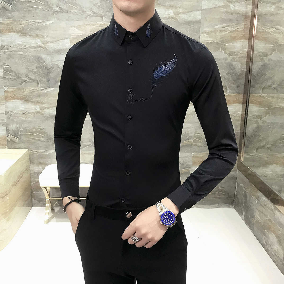 Fashion Shirt Men Party Mens Dress Shirts Long Sleeve Camisa Social Masculina Men Black White Embroidery Club Shirts 210527