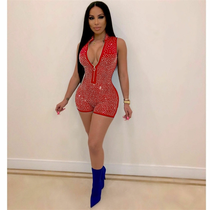 Hot New Women Sexy Bodycon Playsuit Beading Solid Sexy Fashion VNeck Sequin Bodysuit Jumpsuit Slim Sleeveless Romper Clubwear T200113