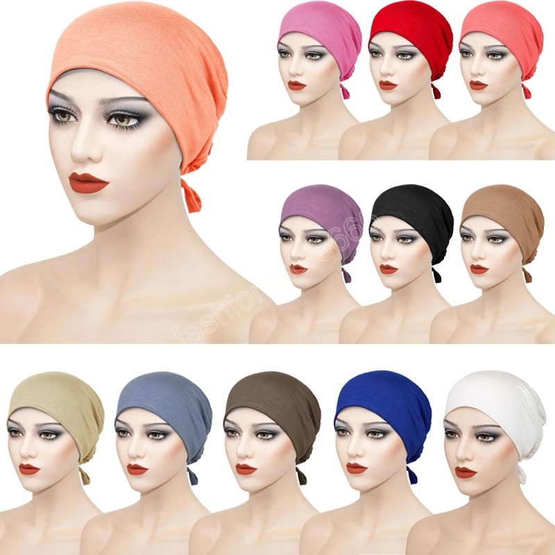 Fashion Muslim Inner Cap Stretch Hijab With Rope Adjustable Women Underscarf Solid Color Islamic Turban Headwear