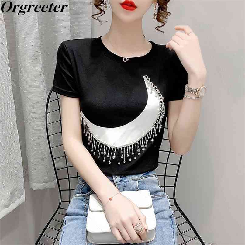 Simple Solid color O-neck Short-sleeved T-shirt Summer High quality Diamond tassel Moon Print Black/White Women's Tops 210602
Simple Solid color O-neck Short-sleeved T-shirt Summer High quality Diamond tassel Moon Print Black/White Women's Tops 210602