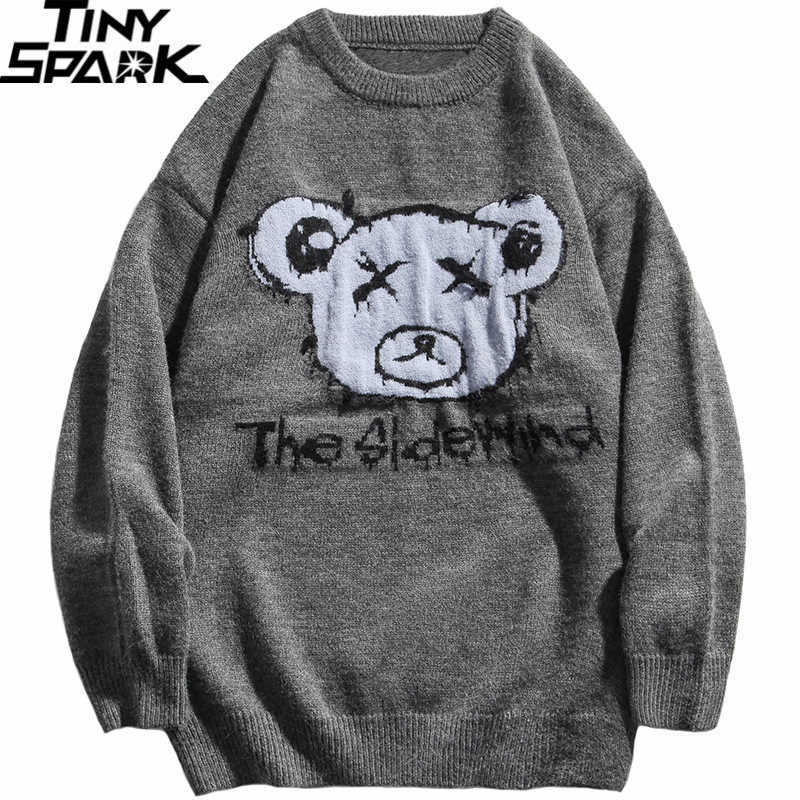 Men Hip Hop Streetwear Knitted Sweater Funny Bear Harajuku Sweater Jumper Casual Pullover Sweater Blue Autumn Spring 211008
