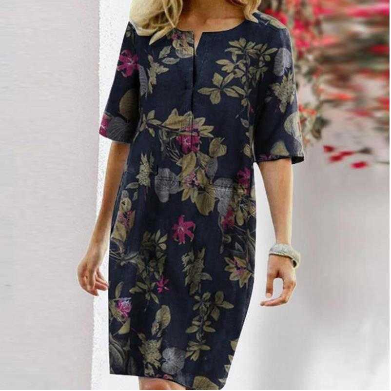 Autumn Cotton Linen Dress Spring Button O-Neck Printing Knee Party Dress Women Long Sleeve Dresses Plus Size 4XL 210630