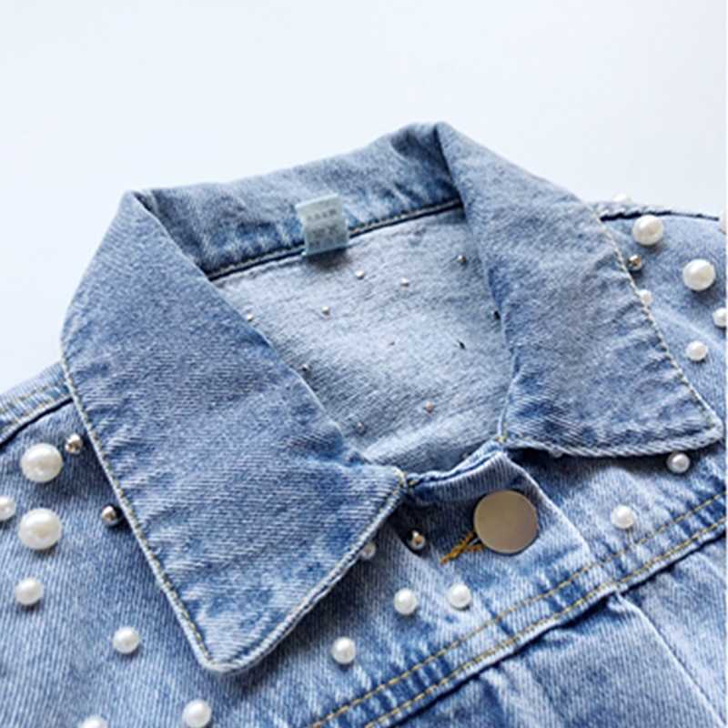 Pearls Beading Kids Denim Jacket For Girls Fashion Coats Children Clothing Autumn Baby Clothes Outerwear Jean Jackets Coat 211204