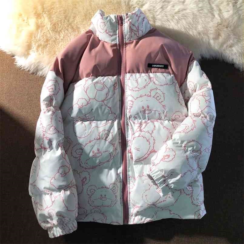 Fashion Cartoons Printed Cotton Windbreaker Jacket Zip Coats Jackets Winter Women Warm Thicken Outwear Loose Parka Coat 210819