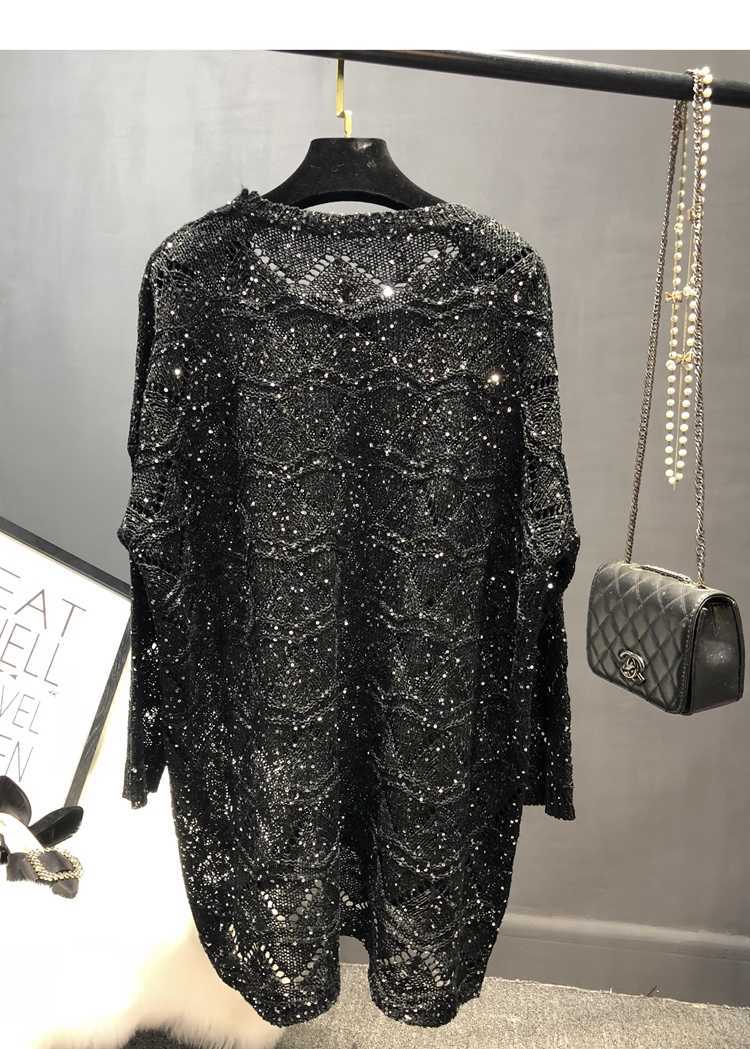 Qooth Shinny Lurex Sweater Women Round Neck Long Jumper Casual Knit Pull Femme Pullover Bling Hollow Out Sequin QH2175 210609