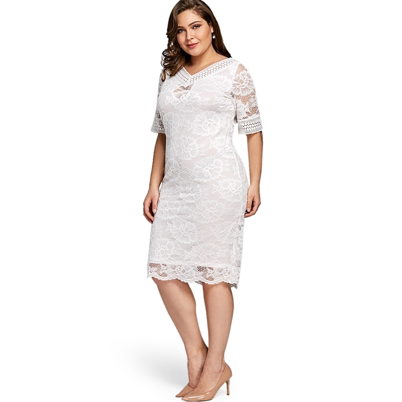 ROSEGAL Plus Size V Neck Half Sleeve Lace Dress Bodycon Women Fashion Sexy Party Ladies Dresses Big Size Vestido T200319