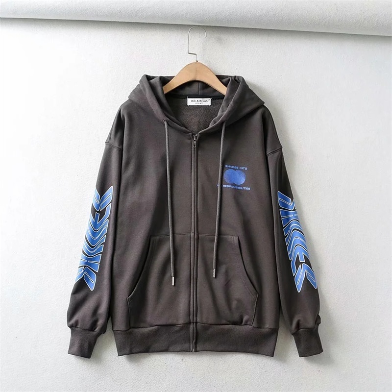 Women Letter Print Organic Cotton Zip Through Hoodie In Dark Grey Oversized Zip Up Hooded Sweatshirt 201217