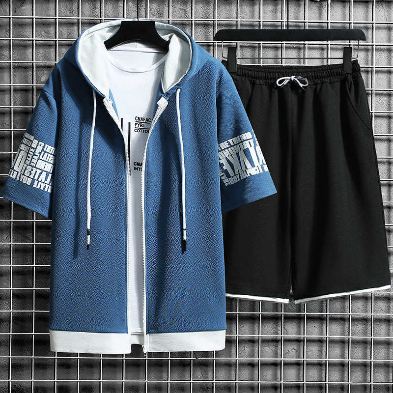 Fashion Men's Sets Hooded Summer Casual Sportswear Men Short Sleeve Zipper Tops+shorts 2 Piece Hip Hop Streetwear Male Tracksuit 210603