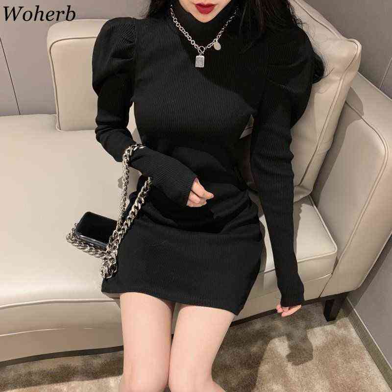 Woherb Sexy Slim Bodycon Dress for Women Half Turtleneck Knit Black Mini Woman Dresses Chic Elegant Robe Puff Sleeve Vestidos 211221