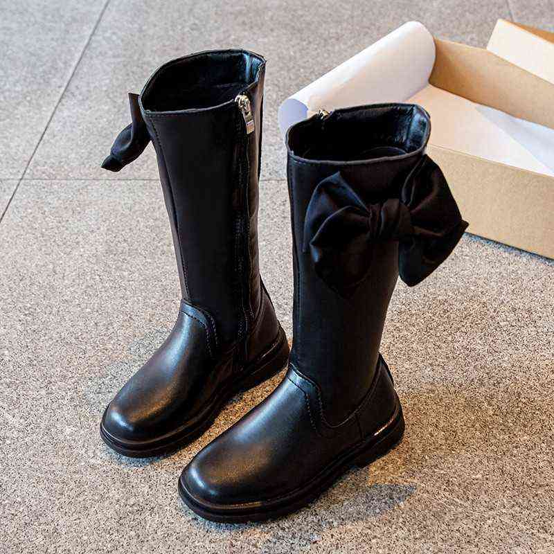 Kids Long Boots Knee Bowknot White Black Fashion Sweet Pu Leather Girl's Autumn Boot 26-36 Elegant Chic Comfy Children Shoes 211102