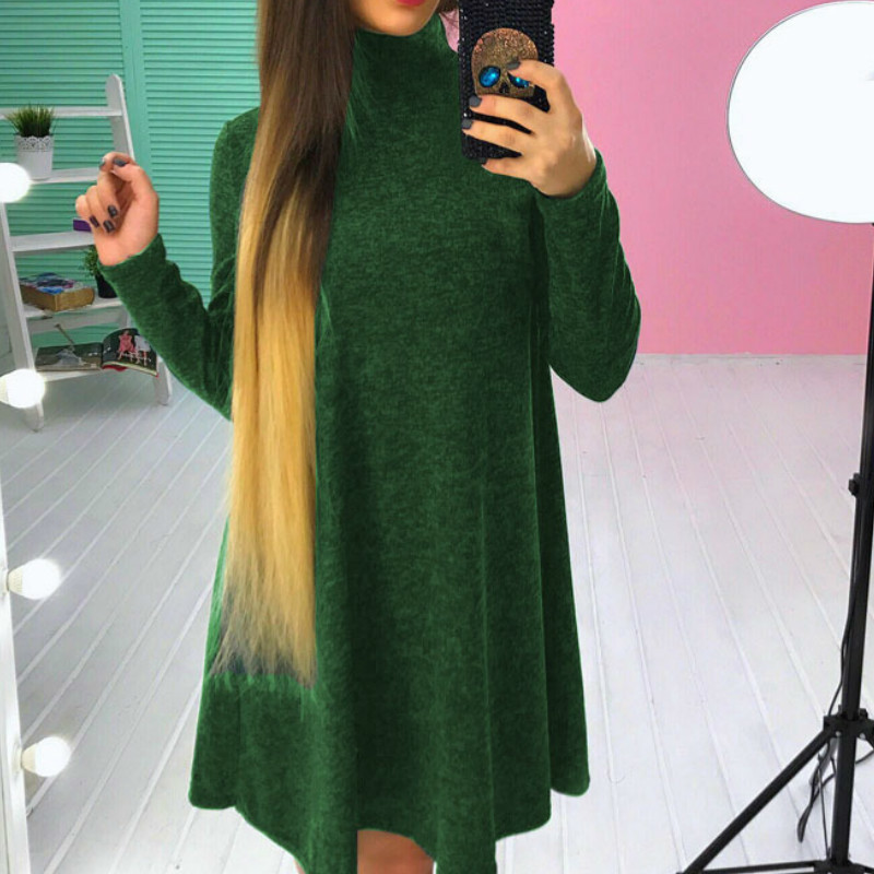 New Fashion Autumn Winter Dress Turtleneck Long Sleeve Loose Casual Dress New Solid Dress Women ALine Robe Plus Size GV160 201008
