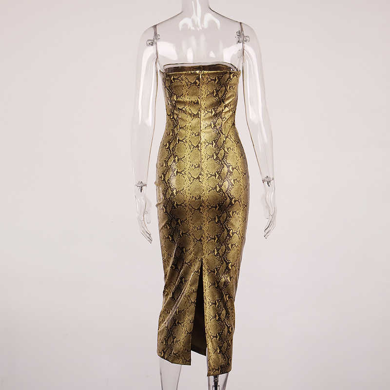Colysmo Snake Print Midi Dress Strapless Split Elastic Patchwork Zipper Bodycon Leather Summer Woman Sexy Party Club Robe 210527