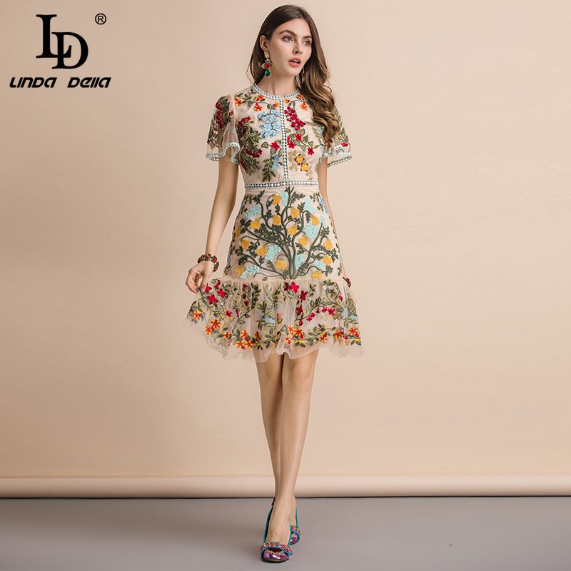 LD LINDA DELLA New Fashion Runway Summer Dress Women's Flare Sleeve Floral Embroidery Elegant Mesh Hollow Out Midi Dresses 210303 - view 4