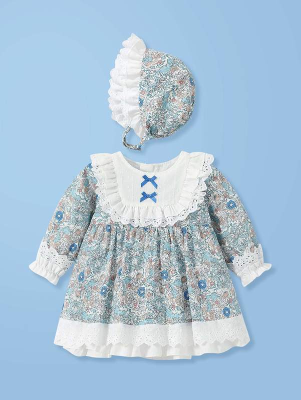 Baby Floral Print Bow Front Lace Trim Dress With Hat SHE