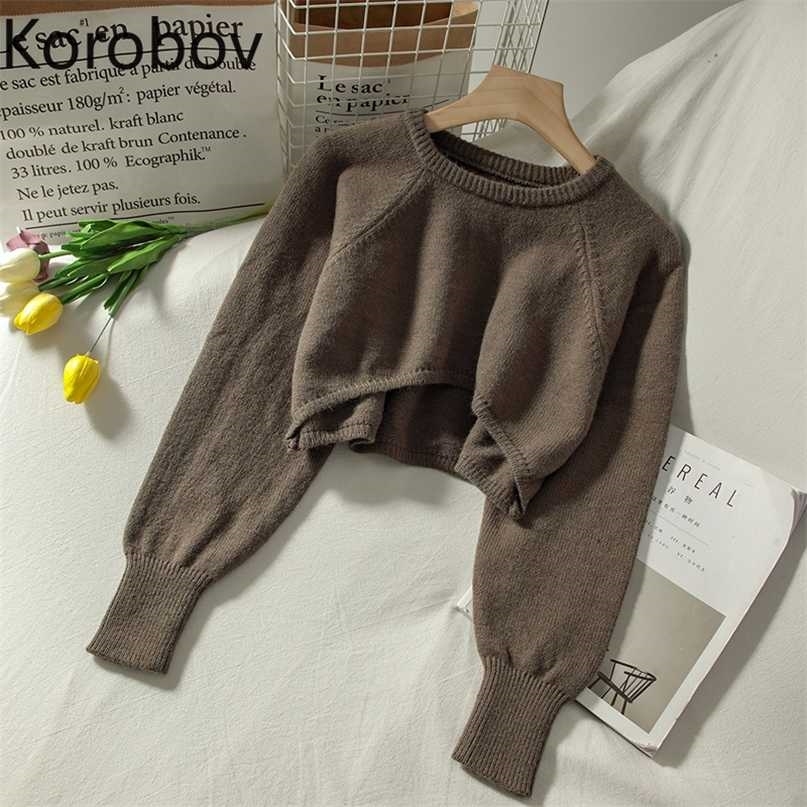 Korobov Preppy Style Streetwear Crop Knit Pullovers Korean Long Sleeve O Neck Solid Sweaters Vintage Jumper Femme 211011Z