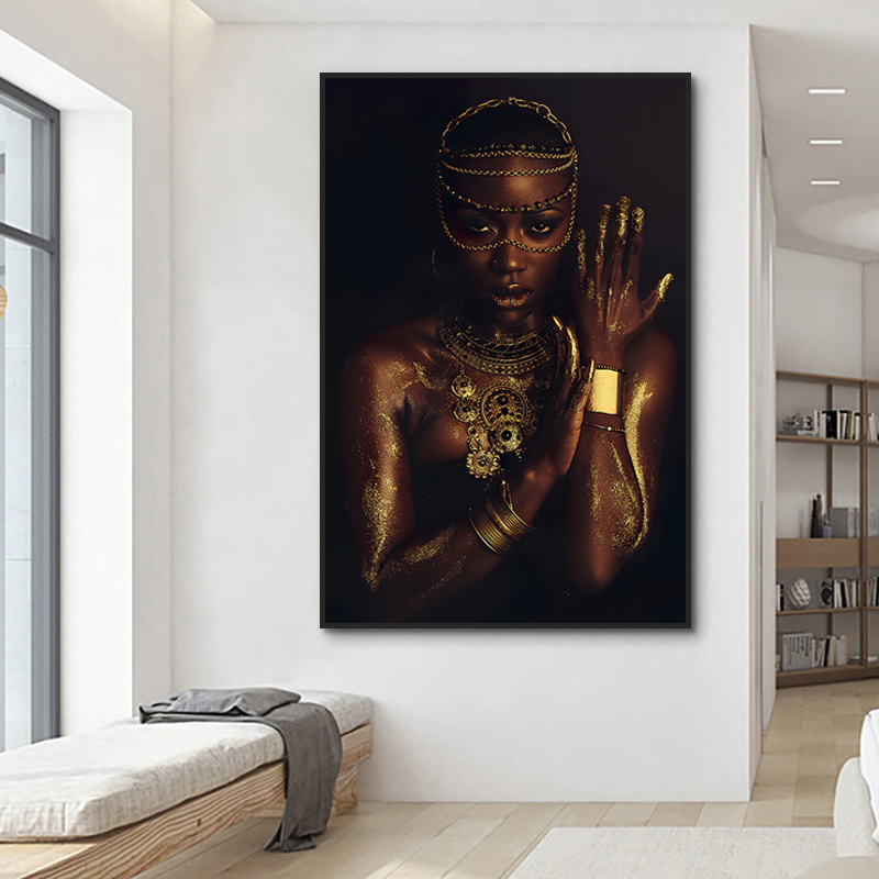 African Woman Posters and Prints Black and Gold Women Oil Painting On The Wall Modern Art Canvas Picture for Living Room Cuadros