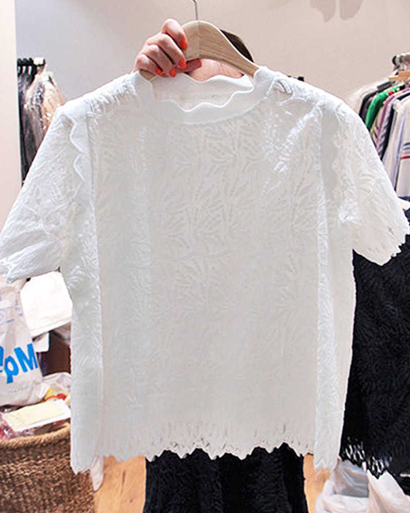 Spring Summer Fashion Lace Embroidered Petals Short-sleeved O Neck Solid Women Tops 210615Z