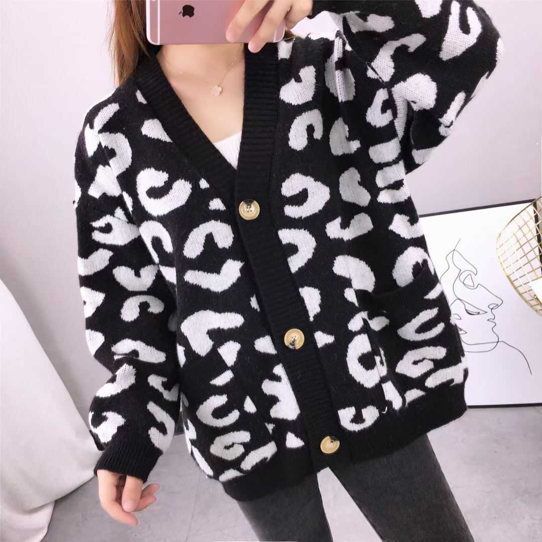 Harajuku Oversized Sweater Autumn Winter Leopard Cardigan Casual Loose Female Knitted Open Stitch V-neck Jumper C-221 210918