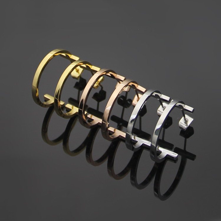 fashion Stainless Steel Double rose gold silver T Earrings Women's C Shape Earrings