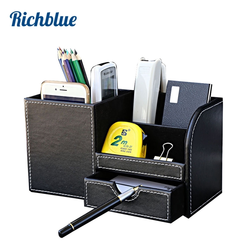 Multi-Functional Desk Stationery Organizer Storage Boxes & Bin Wooden PU Leather Pen Holder Pencil Box Case Containers + Drawer 210315