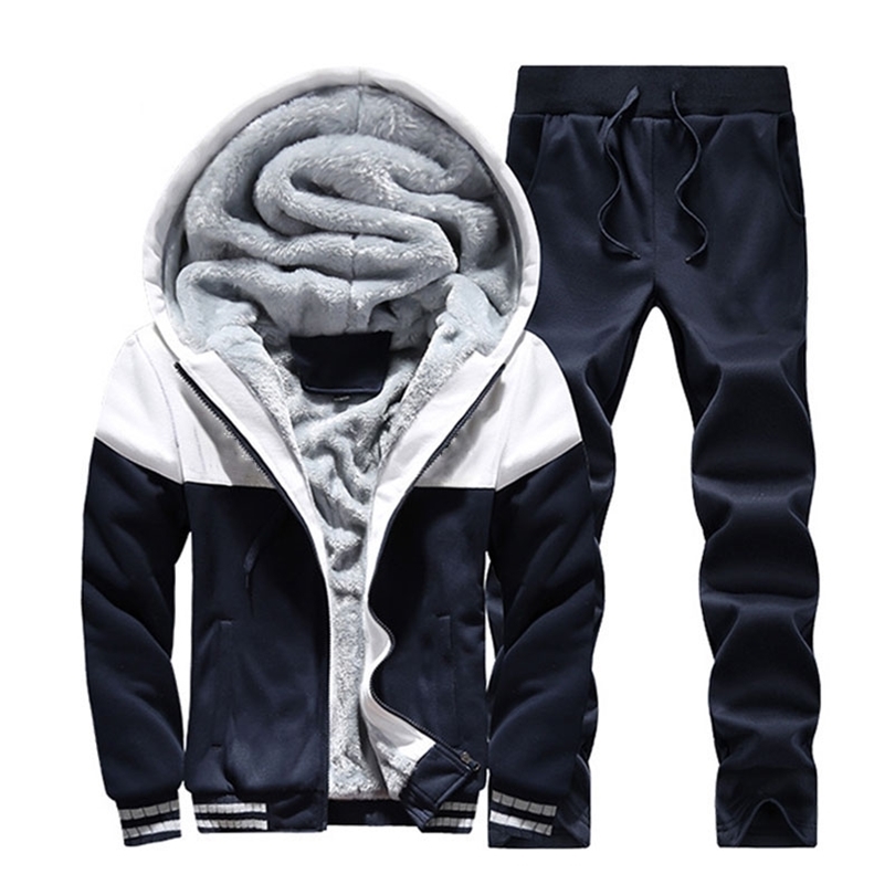 Men Warm Sets Fashion Sporting Thick Suit Patchwork Zipper Hooded Sweatshirt Sweatpants Mens 2 Pieces Sets Slim Tracksuit 201210