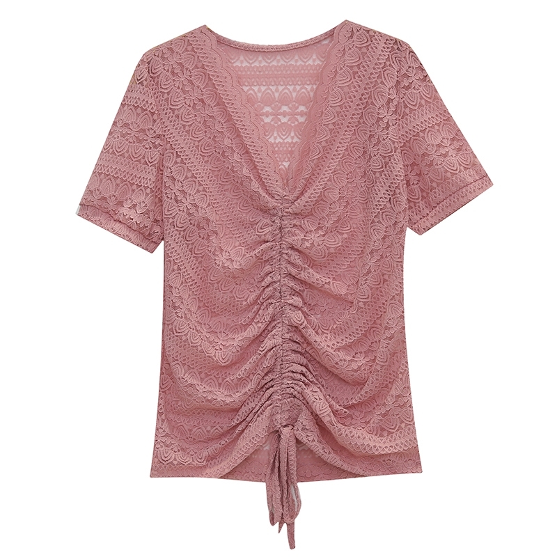 Summer Korean Clothes T-shirt Fashion Sexy Lace Hollow Out Women Tops Ropa Mujer Shirt Lace Up All Match Tees New T04826 T200614