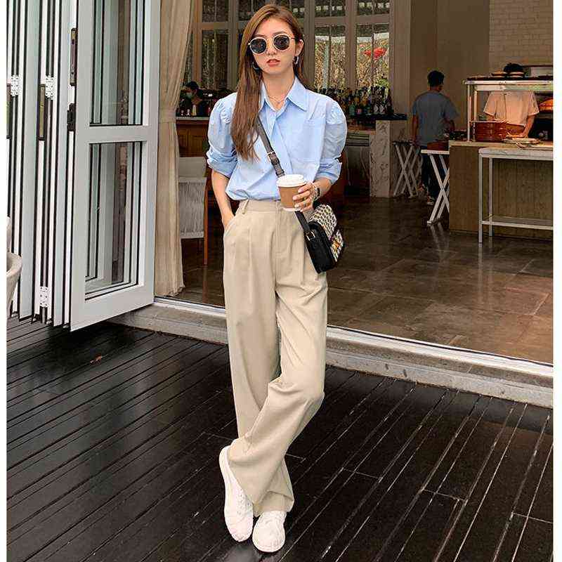 Retro Straight Wide Leg Brown Pants Vintage Female Korean High Waist Casual Long Navy Blue White Beige Trousers 211115