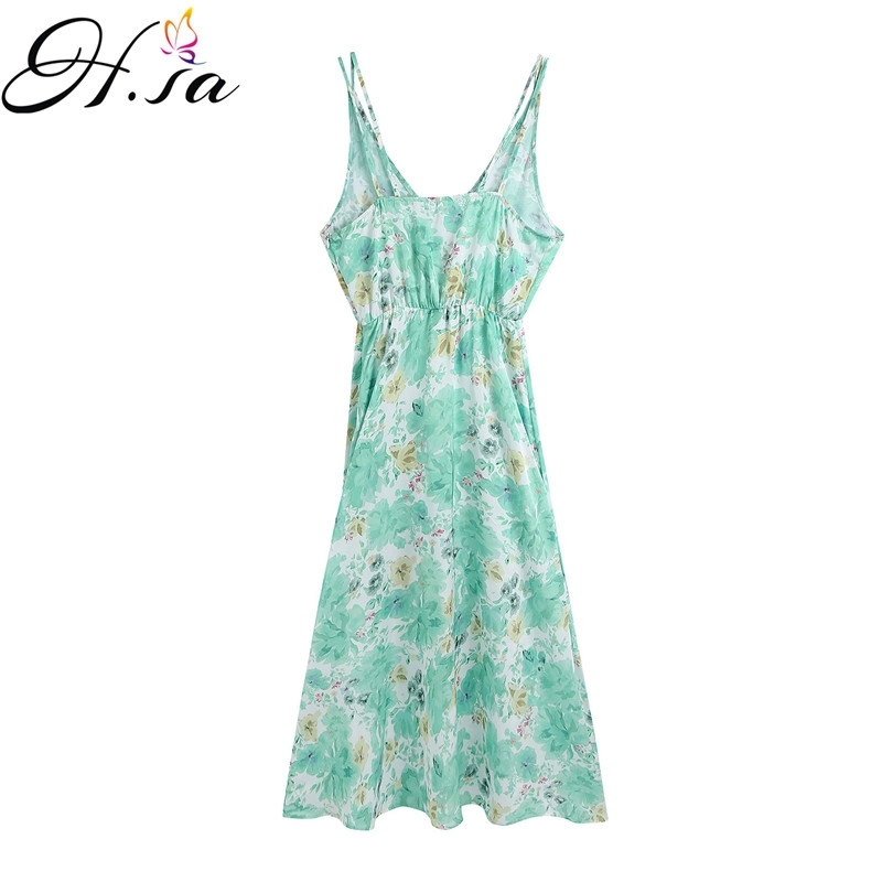 H.SA Women Boho Dress Floral Printed Long Maxi Dress Deep V-neck Summer Beach Evening Party Sundress Sleeveless Dresses Robe 210716