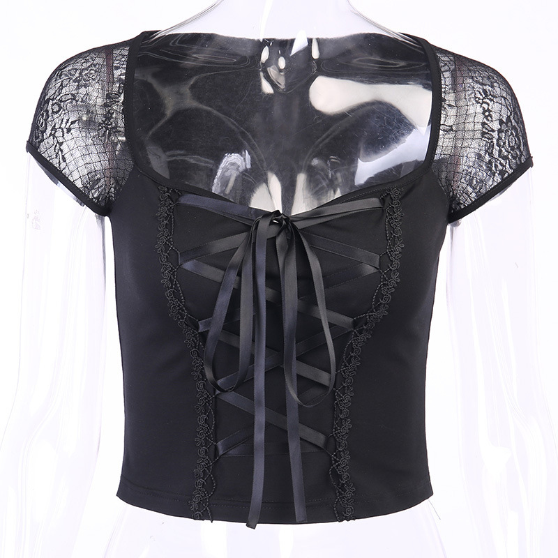 Vintage Woman Tops Goth T-shirt Women Bodycon Bandage Lace Black T-shirts Gothic Streetwear Sexy Female Top Casual Mesh Tee 210302