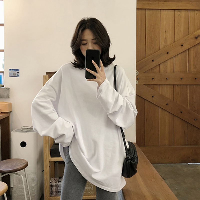 harajuku Best friends long T Shirt Women kawaii T-shirts Women 2021 autumn Solid Simple oversized tshirt White long Sleeve Tops 210302
