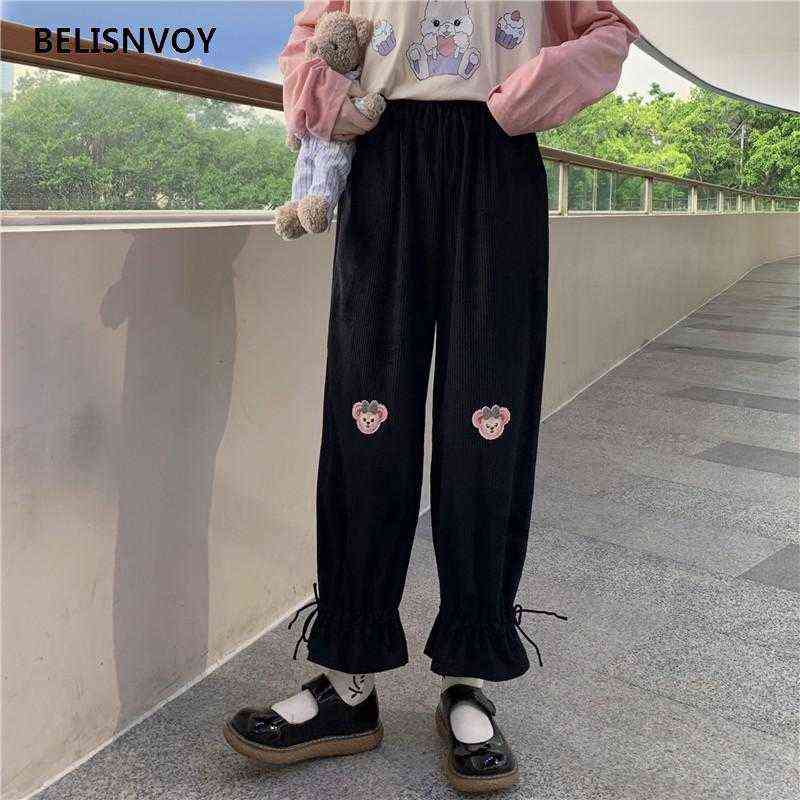 Japanese Kawaii Harajuku Teen Girls Loose Bear Embroidery Wild Leg Baggy Pants Casual Female Sweet Cute Sweatpants Trousers 211115