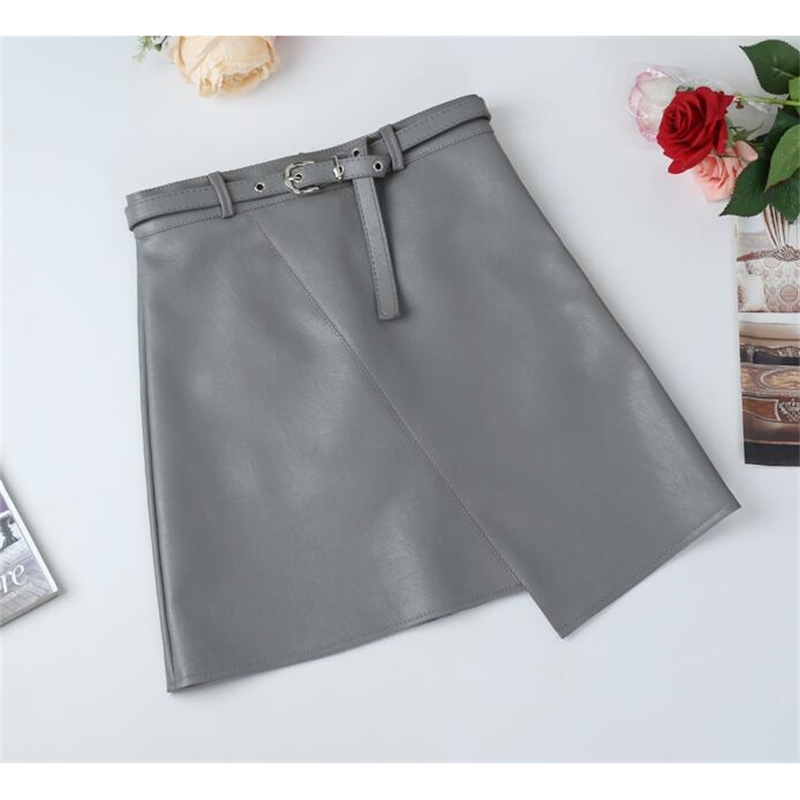 Winter Women PU Leather Irregular Skirt With Belt High Waist Slim Faux Leather Skirts Feminina Vestidos 210306