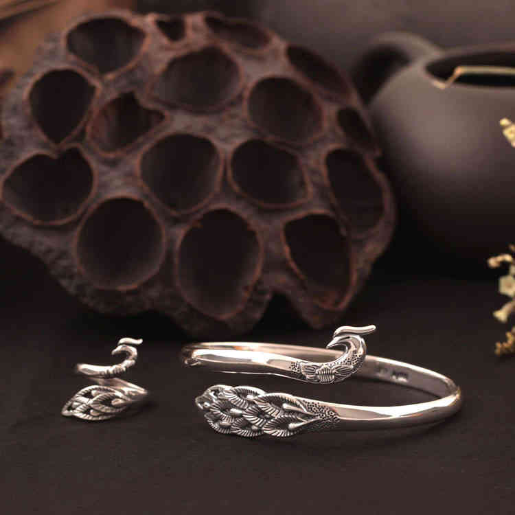 925 Silver Elegant National Style Animal Peacock Ring Temperament Phoenix Feather Opening Adjustable