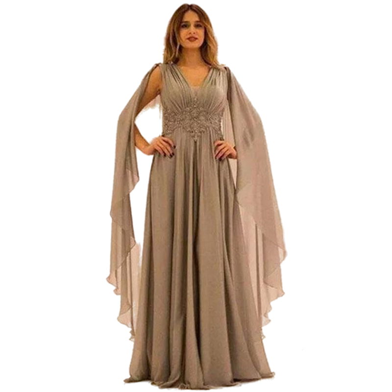 Elegant A Line Gray Chiffon Evening Dresses For Women V Neck Cape Sleeve Sexy Illusion Back Floor Length Formal Party Gowns Long Prom Dress 2022