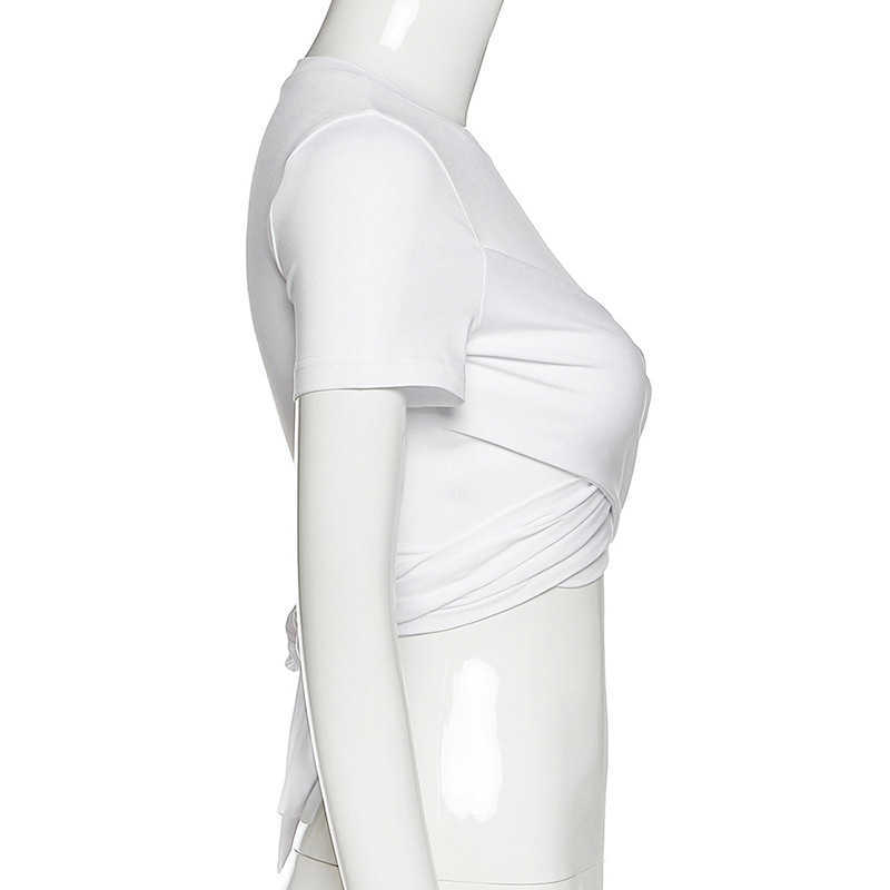 Colysmo White T Shirt Women O-neck Short Sleeve Front Cross Back Tie Up Summer Tops Casual T-shirt Sexy Streetwear 210527