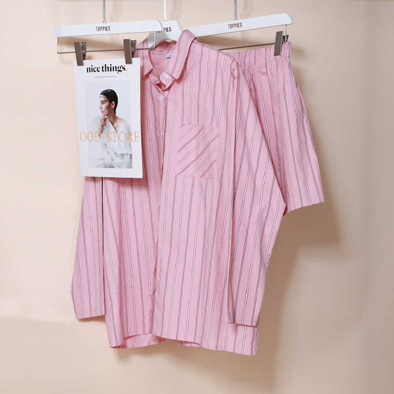 Toppies Casual Striped Tracksuits Woman Shorts Set Oversize Shirt High Waist Shorts Two Piece Set Female Clothes 210924