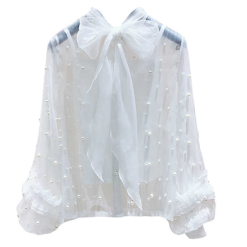 Spring Sweet Bow Solid Beading Full Chiffon Shirts Women Blouse 210615Z