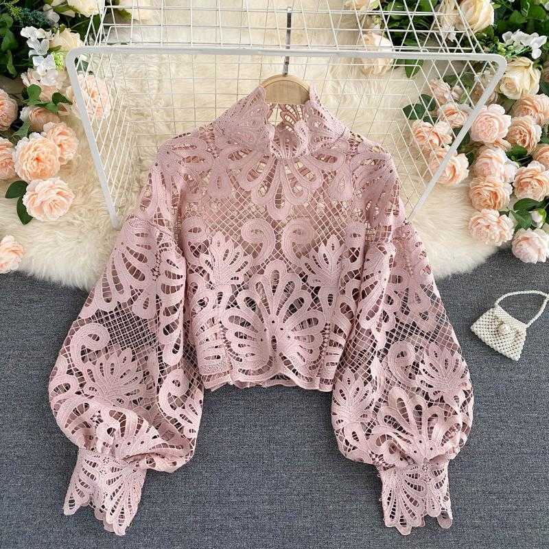 Sexy Lace Hollow Out Short Blouse Casual Lantern Long Sleeve Stand Collar Shirts Female Elegant Red/Pink/White Loose Tops 210721
