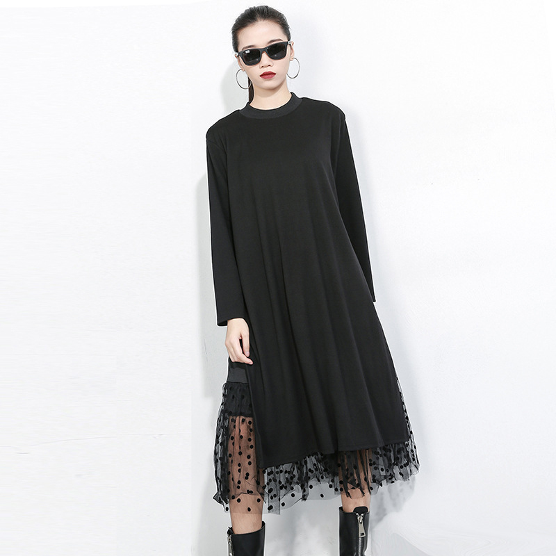EAM Women Black Mesh Dot Split Joint Dress Stand Collar Long Sleeve Loose Fit Fashion Spring Autumn 1B593 210309