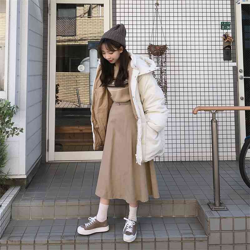 A Line solid Women Skirts Pleated MI-long Plus Size Knee Length Skirt Female Vintage Suede Jupe Femme Faldas Mujer 210621