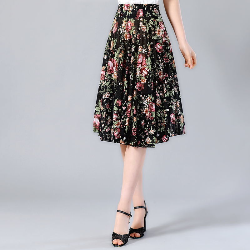 Womens Skirts Summer Autumn Skirt Aline Knee length Floral High Waist Vintage Midi Skirt Women Pleated Elastic Wais Skirt 210306