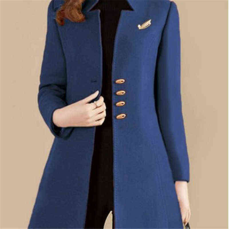autumn and winter women's suit collar single-breasted loose fashion windbreaker woolen coat mid-length Polyester Full 211130