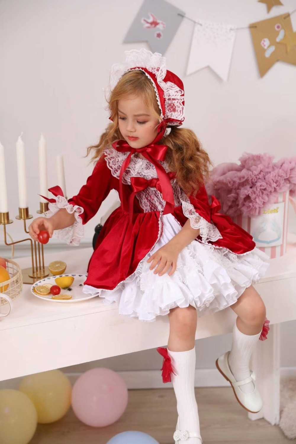 4PCS Girl Autumn Winter Spring Red Velvet Vintage Spanish Princess Lolita Pompom Ball Christmas Birthday Wedding Party Dress Q0716