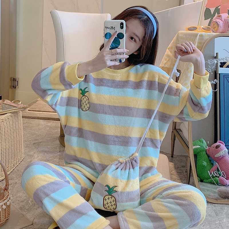 Winter Women Pajama Sets Flannel Warm Thicken Sleepwear Suit For Long Sleeve + Pants Casual Loose Soft 2Pcs Pjs 211118
