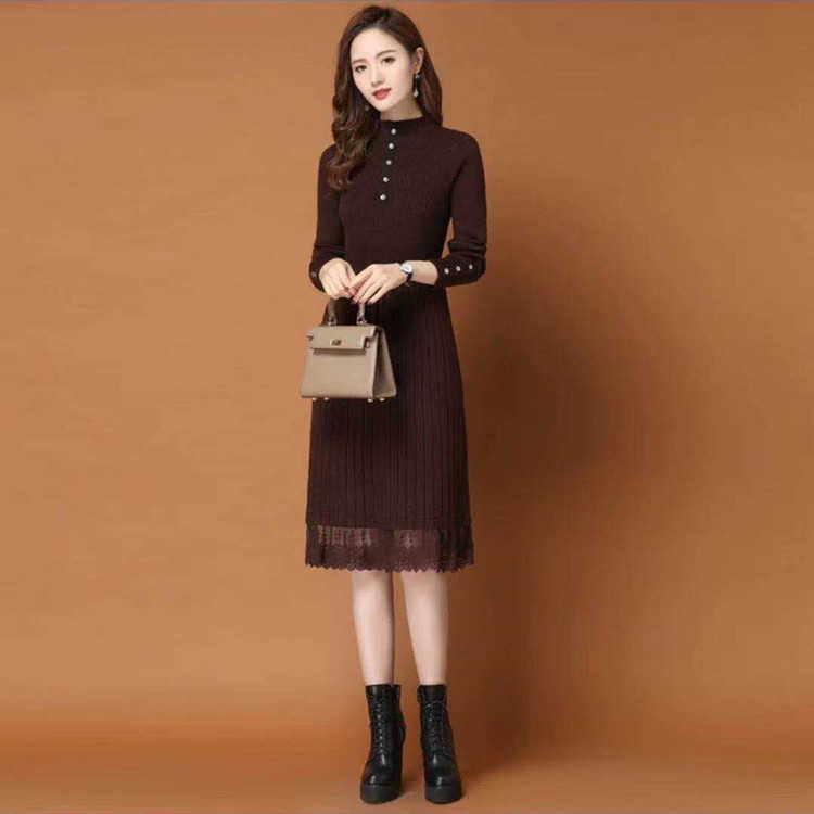 Autumn and Winter Korean Style Mid-Length Dresses for Womens Long Sleeve Single Breasted Slim Black Dress Lace Up Woman 210604