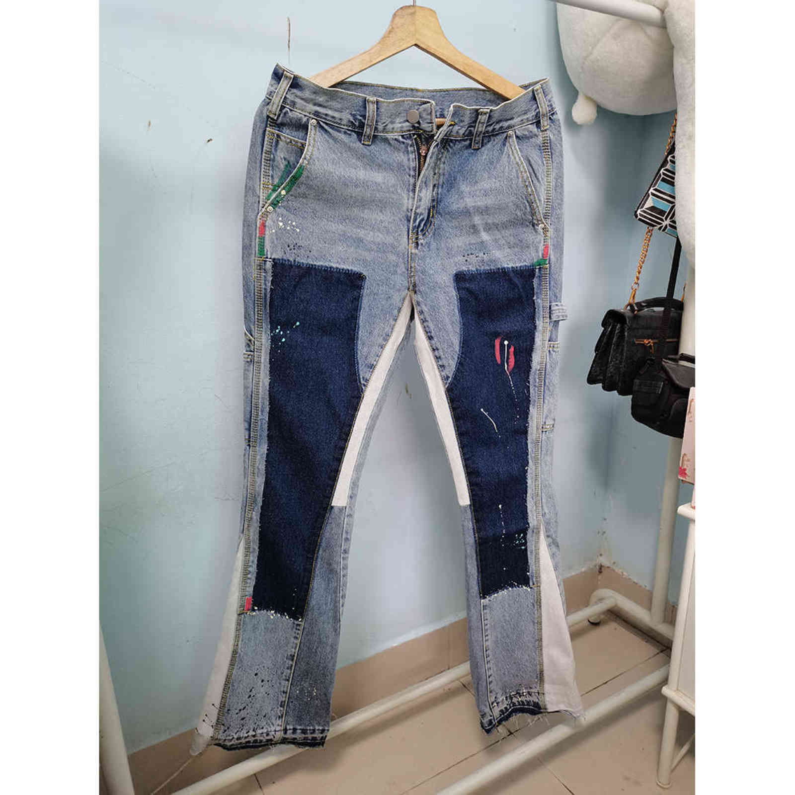 Distressed Splash Ink Flare Jeans Urban Streetwear Patch Mens Graffiti Flared Jeans Hip Hop Washed Blue Slim Fit Denim Pants Men 211120