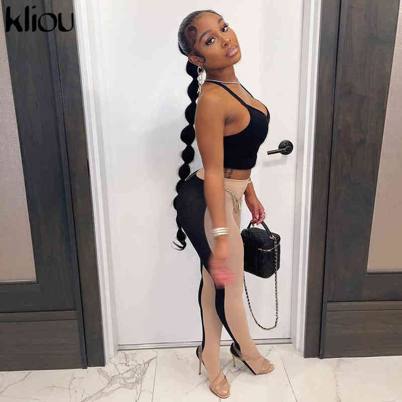 Kliou Mesh Patchwork Foot Leggings Skinny Body-Shaping Medium Waist Street Style Female Fashion Sexy Hipster High Trouser 211204