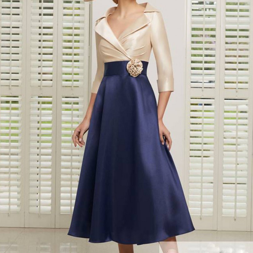 Mother Of The Bride Dresses 2024 Top Champagne Formal Wedding Party Gowns Half Sleeves Tea Length Sexy V Neck Wers Vestidos