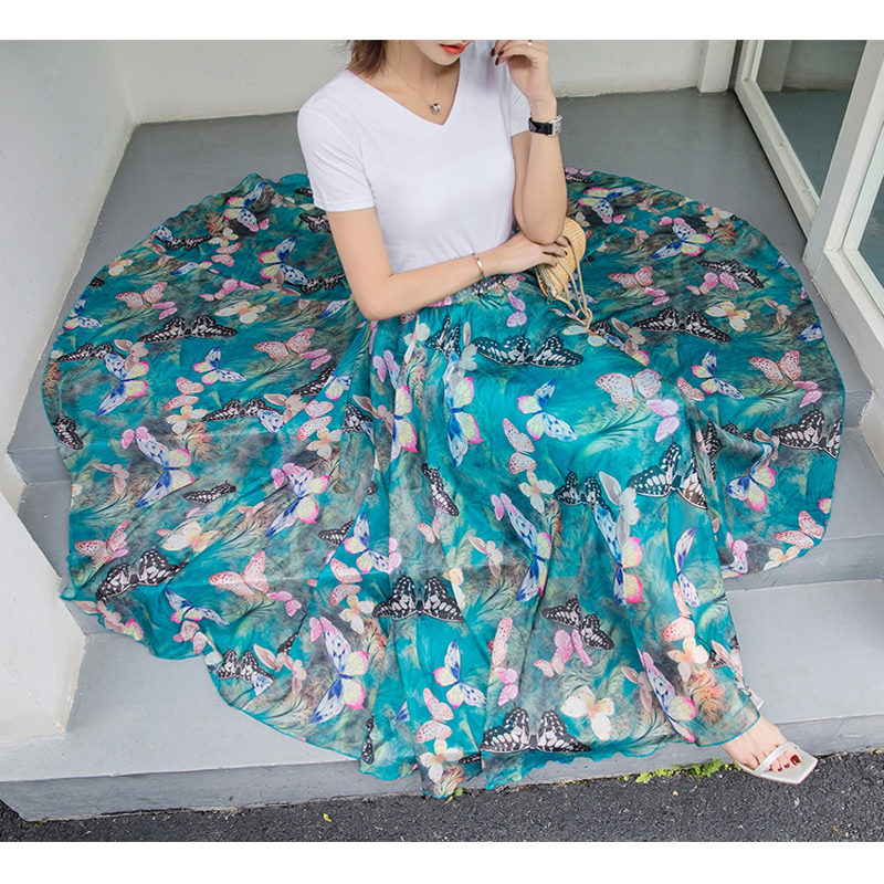 Womens Elastic Waist Chiffon Elegant Long Ladies Beach Holiday Floral 8M Big-Swing Streetwear Female Bohemia Half-Long Skirt 210309